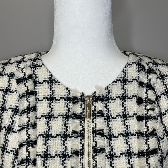 Karl Lagerfeld Plaid Tweed Fringe Crop Full Zip Blazer - Picture 3 of 17